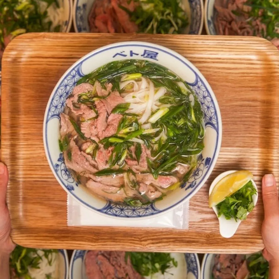 だしの味を確かめてから薬味を足す、手を加える前のフォー